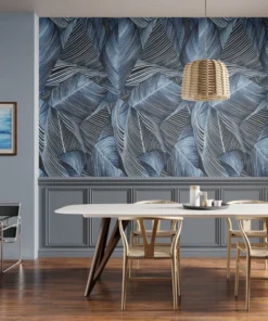 Linear Blue Leaves Wall Mural – Elegant Minimalist Botanical Art
