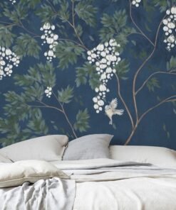 Midnight Blossom Wallpaper Mural with White Floral Wallpaper