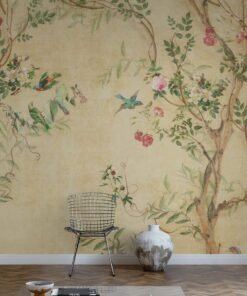 Vintage Garden Bird Wallpaper Mural in Classic Beige Tones