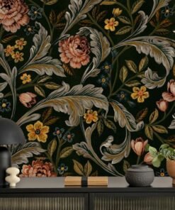 Vintage Baroque Floral Wallpaper Mural in Deep Charcoal