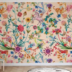 Whimsical Unicorn & Jungle Floral Kids Mural Wallpaper