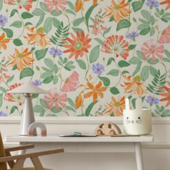 Colorful Tropical Floral Wall Mural, Vibrant Botanical Wallpaper, Fresh Garden Bloom Decor, Spring Nature Pattern