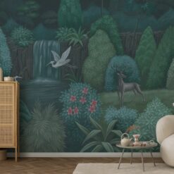 Moonlit Jungle Waterfall Wall Mural, Tropical Forest Wallpaper, Exotic Wildlife Decor, Serene Nature Landscape