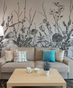 Monochrome Bloom Wallmural – Modern Floral Wall Art in Black & White